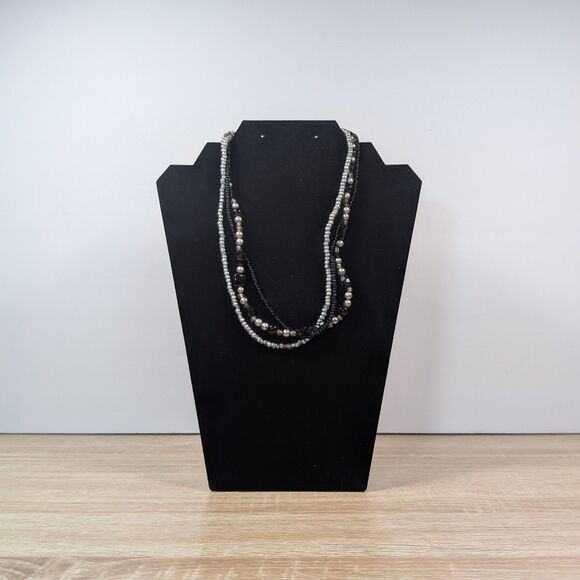 Women’s Multi-Strand Beaded Necklace Black Silver Faux Pearl 20 Inch - Picture 1 of 1